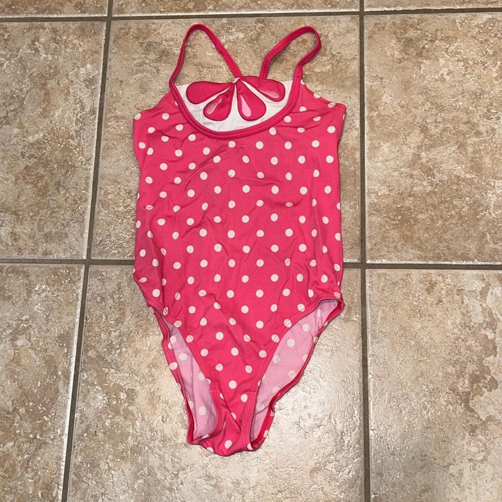 Girls one piece Gymboree swimsuit with flower and bow details and polka dots - Picture 1 of 5